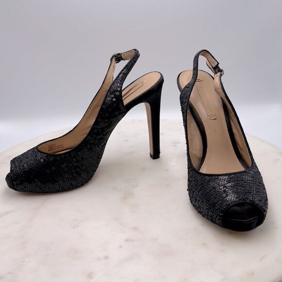 BCBGMAXAZRIA Bodhi Black Sequin Peep Toe Heels 7.5 Pumps Holiday Party Shoe NYE - Picture 10 of 11